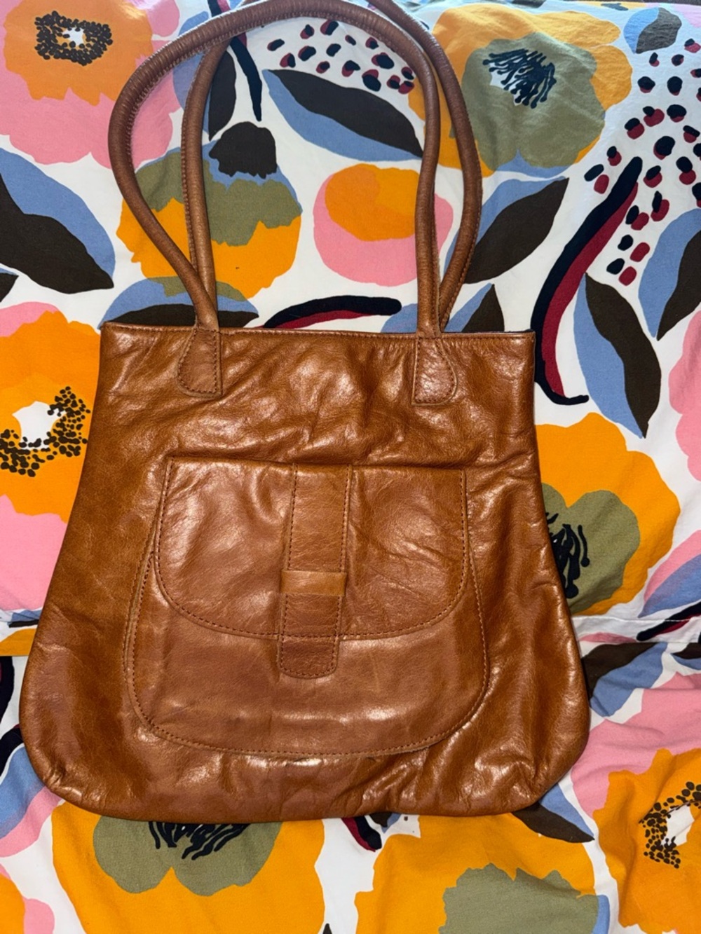 Classic Brown Leather Tote Bag with floral interior by Mark Shale